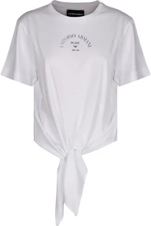 Emporio Armani Top, Dame, Hvid, M, Bomuld, Bomuld Crew-neck T-shirt med Front Knot Detalje
