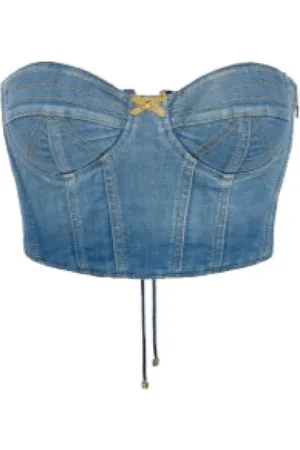 Elisabetta Franchi Top, Dame, Blå, M, Denim, Denim Bustier Top med Blonder Detalje