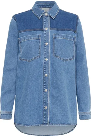 Kaffe Bluser & Skjorter, Dame, Blå, 2XL, Denim, Denim skjorte med brystlommer