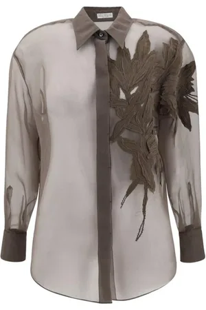 Brunello Cucinelli Bluser & Skjorter, Dame, Brun, S, Silkeskjorte med broderet bladdetalje