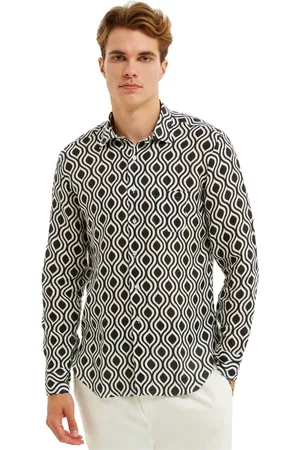 PENINSULA Skjorte, Herre, Flerfarvet, 2XL, Linned, Middelhavsfliseprint Linnedskjorte