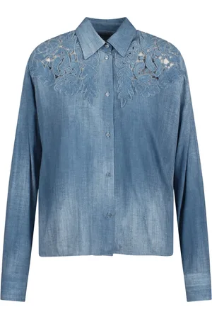ERMANNO SCERVINO Bluser & Skjorter, Dame, Blå, S, Polyester, Blomstret applikationsskjorte med knaplukning