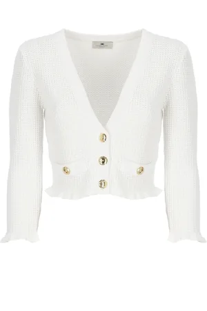 Elisabetta Franchi Strik, Dame, , L, Ivory V-hals Sweater med knapper