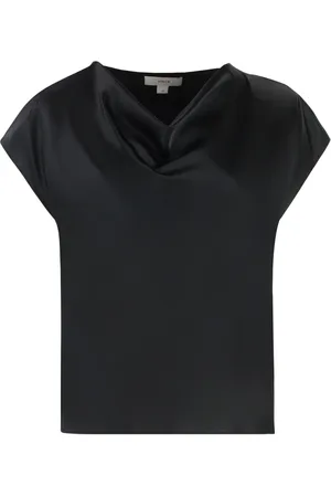 Vince Top, Dame, Sort, M, Silkebluse med draperet halsudskæring