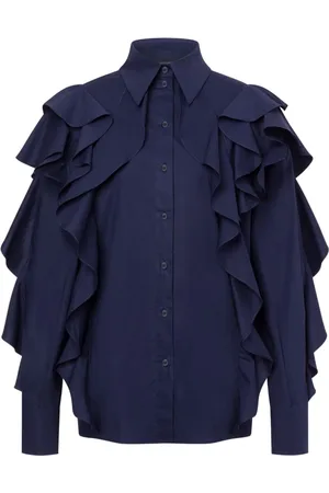 Alberta Ferretti Bluser & Skjorter, Dame, Blå, S, Bomuld, Blå Rynket Skjorte med Knapper