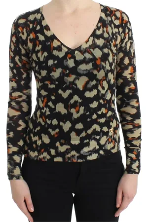 Roberto Cavalli Strik, Dame, Flerfarvet, XS, Uld, Elegant Uld V-hals Sweater