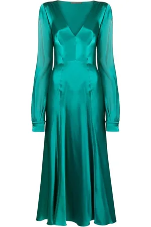 Alberta Ferretti Kjole, Dame, Grøn, S, Grøn Silke V-Hals Maxi Kjole