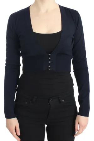 Roberto Cavalli Strik, Dame, Blå, L, Uld, Elegant Cropped Uld Cardigan