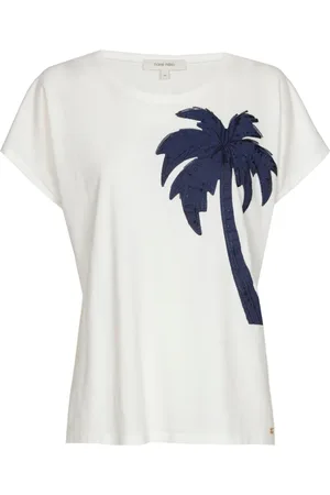 Marie Méro Top, Dame, Hvid, XL, Bomuld, Hvid Palm Tree Broderet T-Shirt