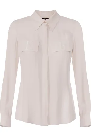 Elisabetta Franchi Bluser & Skjorter, Dame, Lyserød, L, Georgette Jacquard Lettering Langærmet Skjorte