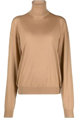 Saint Laurent Strik, Dame, Brun, M, Uld, Uld Ribstrikket Pullover med Høj Hals
