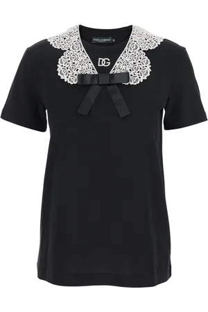 Dolce & Gabbana Top, Dame, Sort, XS, Bomuld, Sort T-shirt med bue og blonder