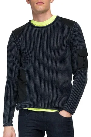 Replay Strik, Herre, Sort, S, Uld, Sort Crewneck Sweater med Lommer
