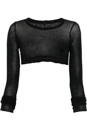 Rick Owens Top, Dame, Sort, M, Bomuld, Sort semi-transparent crop top med lange ærmer