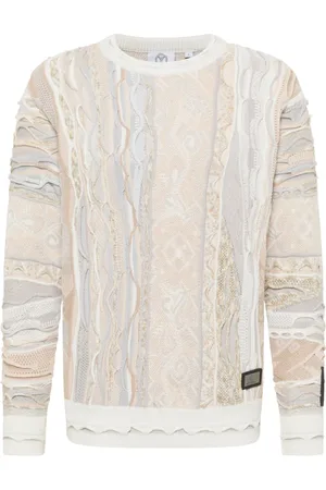 Carlo Colucci Strik, Herre, Hvid, L, Uld, Farverig Jacquard Striktrøje