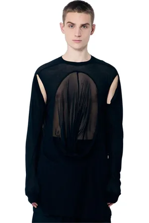 Rick Owens Top, Herre, Sort, L, Bomuld, Panel Cotton T-shirt med Rund Hals og Lange Ærmer