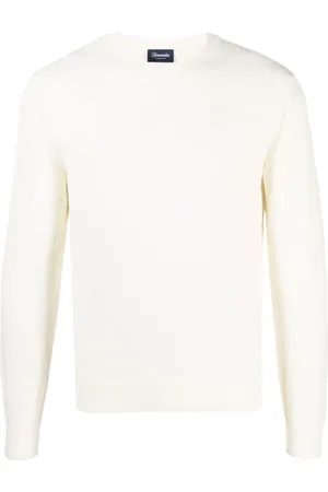 DRUMOHR Strik, Herre, Hvid, 2XL, Bomuld, Hvid Crew Neck Sweater Ribbet Kant