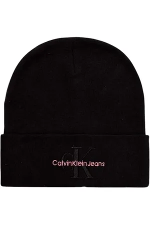 Calvin Klein Tilbehør, Dame, Sort, ONE SIZE, Bomuld, Minimalist Bomuld Beanie med Broderet Logo