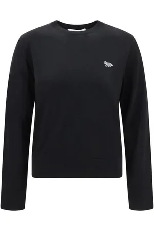 Maison Kitsuné Strik, Dame, Sort, M, Uld, Ræv Patch Uldtrøje med Ribbet Hals