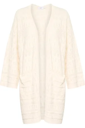Saint Tropez Strik, Dame, Hvid, M, Bomuld, Strik Cardigan med Lommer og Mønster