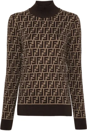 Fendi Strik, Dame, Brun, XS, Bomuld, FF Cotton Knit Turtleneck Sweater