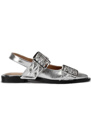 Ganni Sko, Dame, Grå, 37 EU, Uld, Metallic Buckle Ballerina Flats