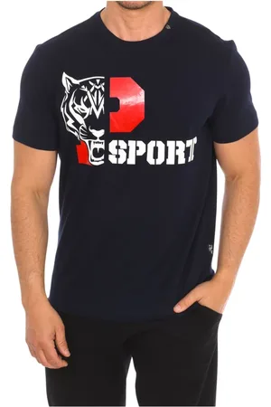 Philipp Plein Top, Herre, Blå, M, Bomuld, Kortærmet T-shirt med Brand Print