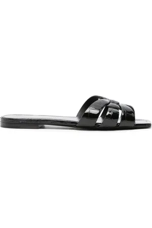 Saint Laurent Sko, Dame, Sort, 35 EU, Læder, Sort læder slides med krokodilleeffekt
