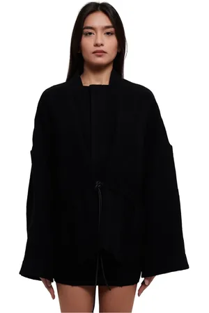 Rick Owens Jakke, Dame, Sort, ONE SIZE, Uld, Sort Uld Cape Jakke med Bælte og Trykknaplukning