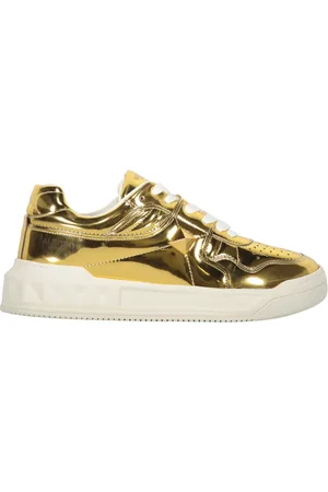 VALENTINO GARAVANI Sko, Dame, Gul, 39 EU, Læder, Metallic Low-top Sneakers med Perforeret Læder