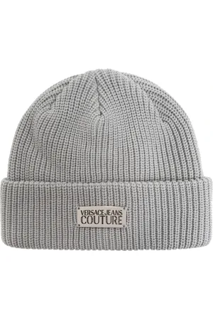 VERSACE Tilbehør, Herre, Grå, ONE SIZE, Polyester, Grå Logo Plaque Beanie Hat