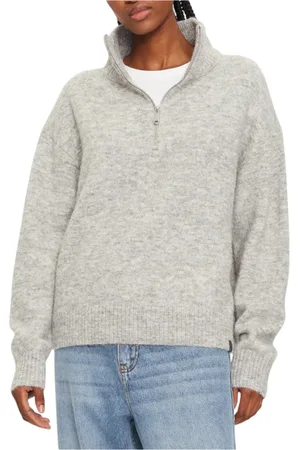 Calvin Klein Strik, Dame, Grå, XL, Uld, Tekstureret halv lynlås dame cardigan