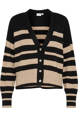 Saint Tropez Strik, Dame, Sort, L, Bomuld, Sort Cardigan med V-Hals og Striber