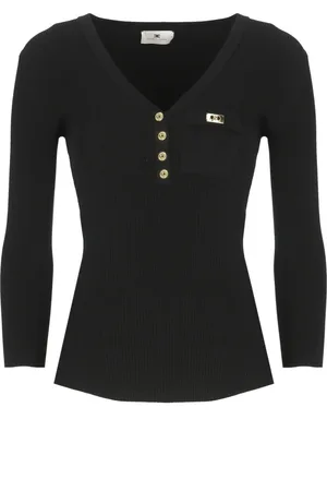 Elisabetta Franchi Strik, Dame, Sort, M, Sort V-hals Sweater med Logoed Knapper
