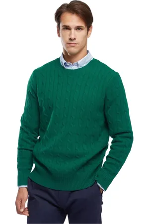 Brooks Brothers Strik, Herre, Grøn, XL, Uld, Lamsuldtrøje med kabelmønster og rund hals