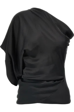 Rick Owens Bluser & Skjorter, Dame, Sort, S, Sort Draperet Top med Asymmetrisk Halsudskæring