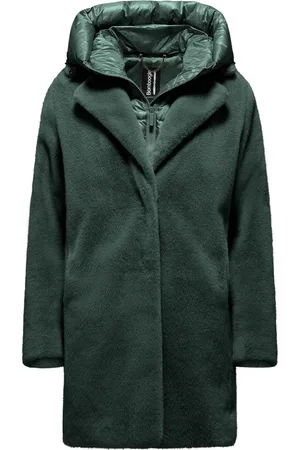 Bomboogie Frakke, Dame, Grøn, XL, Uld, Eco-Fur Overcoat med aftagelig hætte