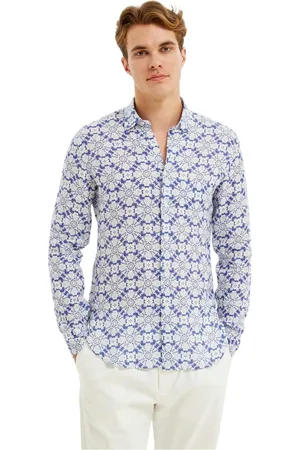 PENINSULA Skjorte, Herre, Blå, 2XL, Linned, Middelhavsfliseprint Linnedskjorte