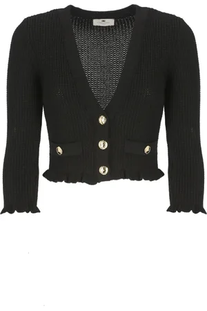 Elisabetta Franchi Strik, Dame, Sort, L, Sort V-hals Sweater med Knapper