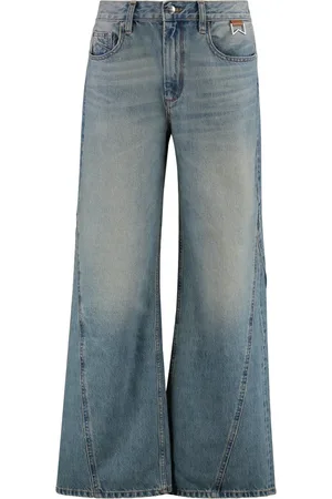 Rhude Jeans, Dame, Blå, W28, Læder, Distressed Wide-leg Jeans med læderlogo