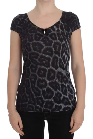 Roberto Cavalli Top, Dame, Grå, L, Uld, Grå Leopard Modal T-Shirt Bluse Top