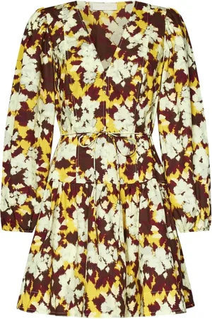 ULLA JOHNSON Kjole, Dame, Flerfarvet, XS, Uld, Gul Blomstret Stilfuld Kjole