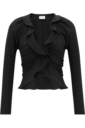 Saint Laurent Top, Dame, Sort, S, Sort Silk V-hals Bluse med Flæser