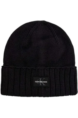 Calvin Klein Tilbehør, Herre, Sort, ONE SIZE, Bomuld, Mono Logo Patch Bomuld Beanie
