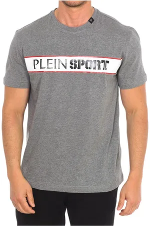 Philipp Plein Top, Herre, Grå, L, Bomuld, Kortærmet T-shirt med Brand Print