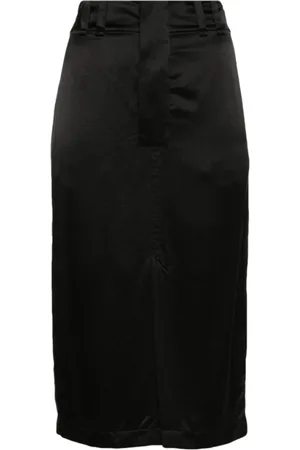 Saint Laurent Nederdel, Dame, Sort, L, Sort silkemidi-nederdel med slids