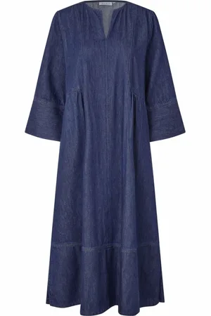 Masai Kjole, Dame, Blå, L, Denim, Denim Kjole med V-hals og Brede Ærmer