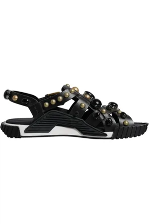 Dolce & Gabbana Sko, Herre, Sort, 42 EU, Læder, Studded Læder Slide Sandaler med Logo