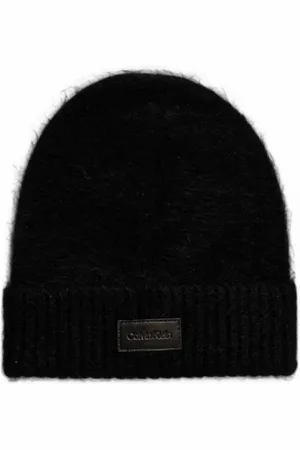 Calvin Klein Tilbehør, Dame, Sort, ONE SIZE, Læder, Læder Patch Airy Beanie