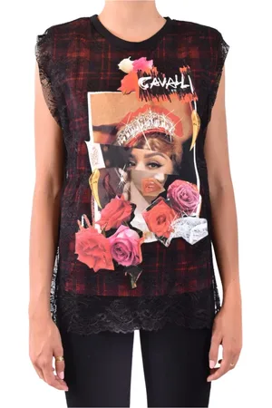 Roberto Cavalli Top, Dame, Sort, M, Bomuld, Hybrid-Print Tartan Top